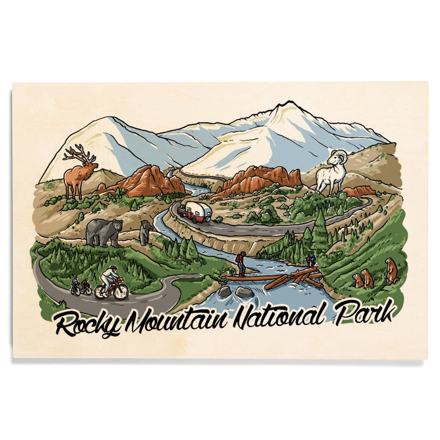 Rocky Mountain National Park, Colorado, Line Drawing, Wood Signs and Postcards Wood Lantern Press 