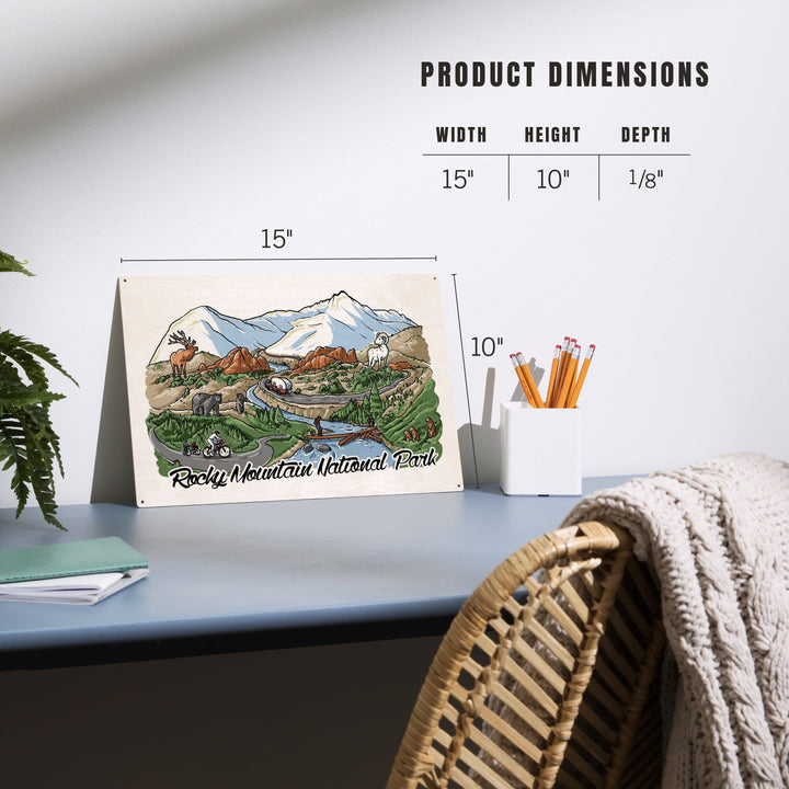 Rocky Mountain National Park, Colorado, Line Drawing, Wood Signs and Postcards Wood Lantern Press 