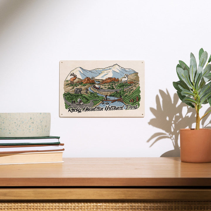 Rocky Mountain National Park, Colorado, Line Drawing, Wood Signs and Postcards Wood Lantern Press 