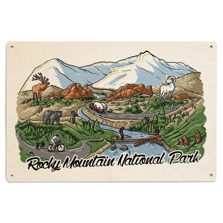 Rocky Mountain National Park, Colorado, Line Drawing, Wood Signs and Postcards Wood Lantern Press 