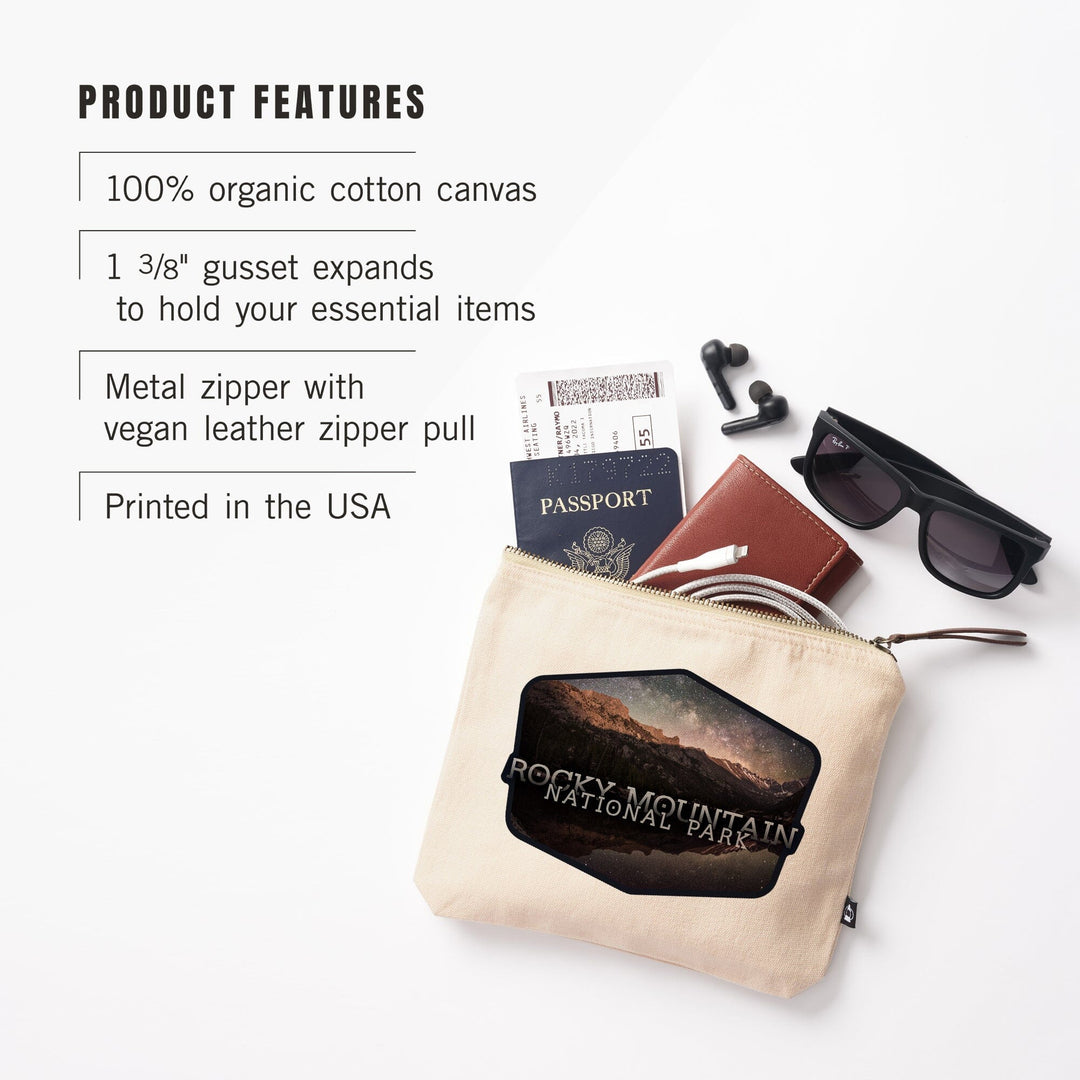 Rocky Mountain National Park, Colorado, Longs Peak and Milky Way,, Organic Cotton Zipper Pouch, Go Bag Go Bag Lantern Press 