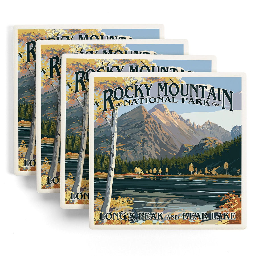 Rocky Mountain National Park, Colorado, Longs Peak & Bear Lake Fall, Lantern Press Artwork, Coaster Set Coasters Lantern Press 