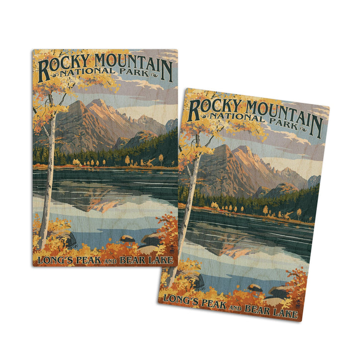 Rocky Mountain National Park, Colorado, Longs Peak & Bear Lake Fall, Lantern Press Artwork, Wood Signs and Postcards Wood Lantern Press 4x6 Wood Postcard Set 