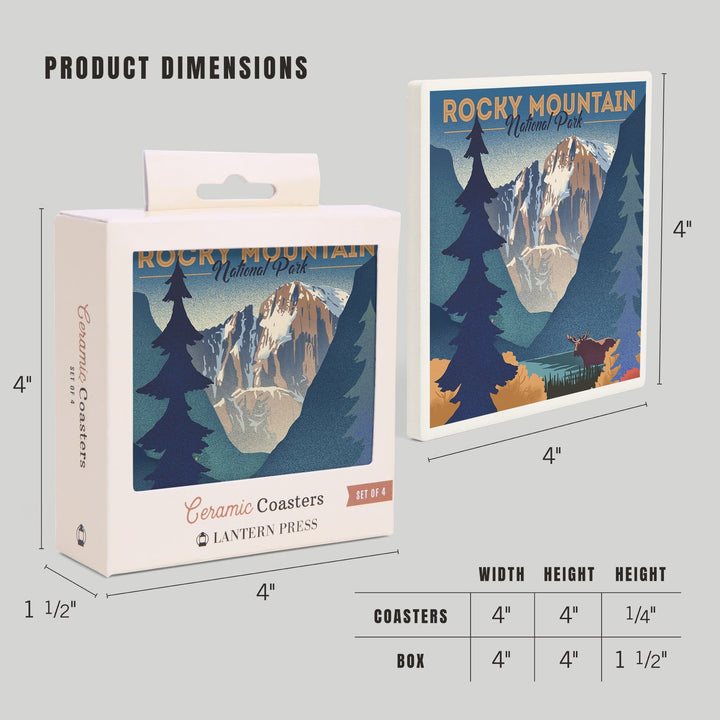 Rocky Mountain National Park, Colorado, Moose and Lake, Lithograph, Coasters Coasters Lantern Press 