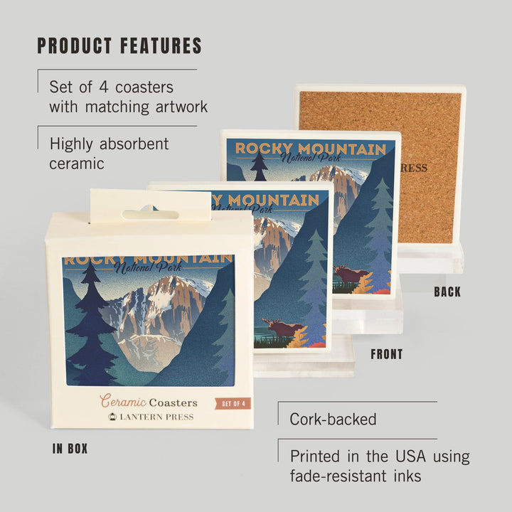 Rocky Mountain National Park, Colorado, Moose and Lake, Lithograph, Coasters Coasters Lantern Press 