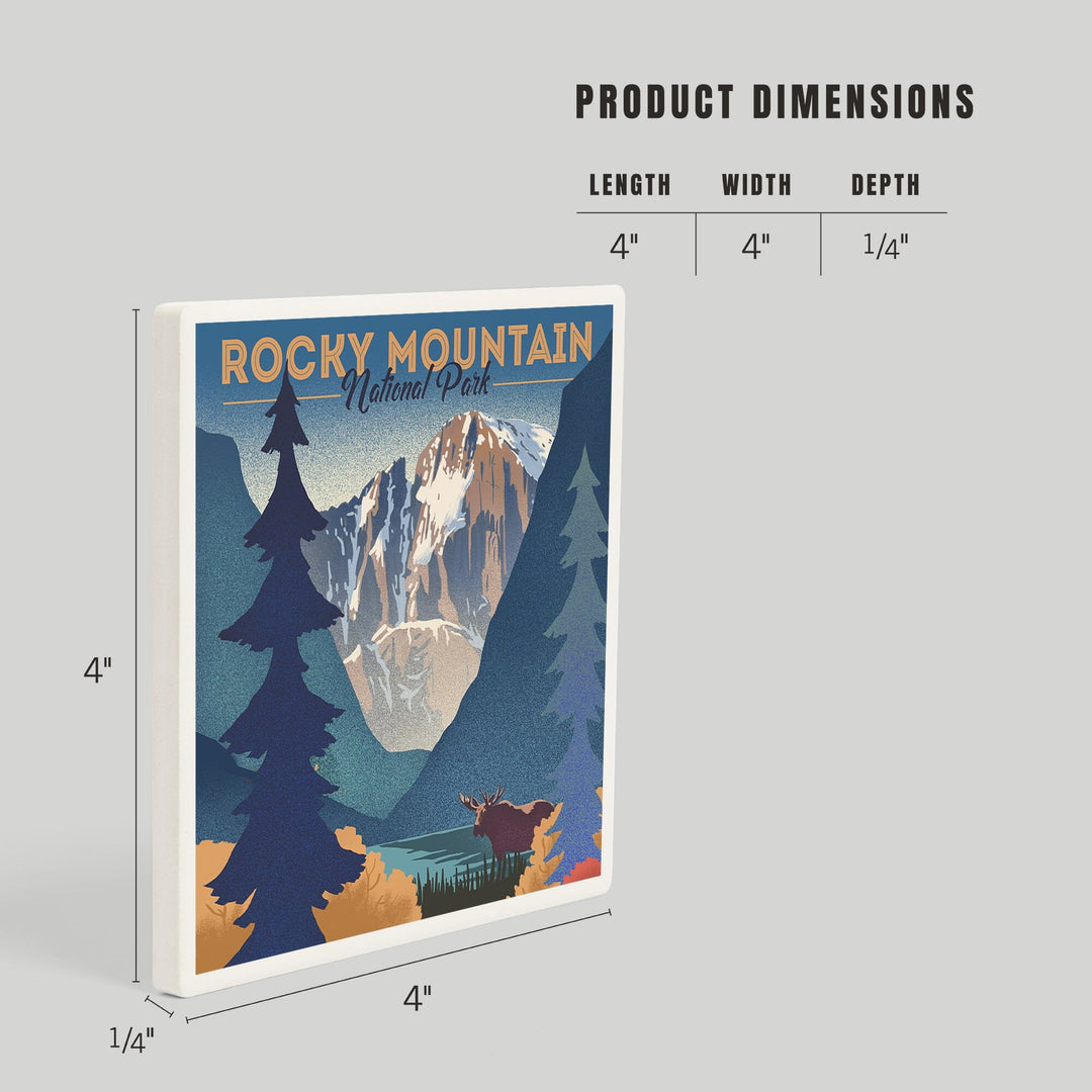Rocky Mountain National Park, Colorado, Moose and Lake, Lithograph, Coasters Coasters Lantern Press 