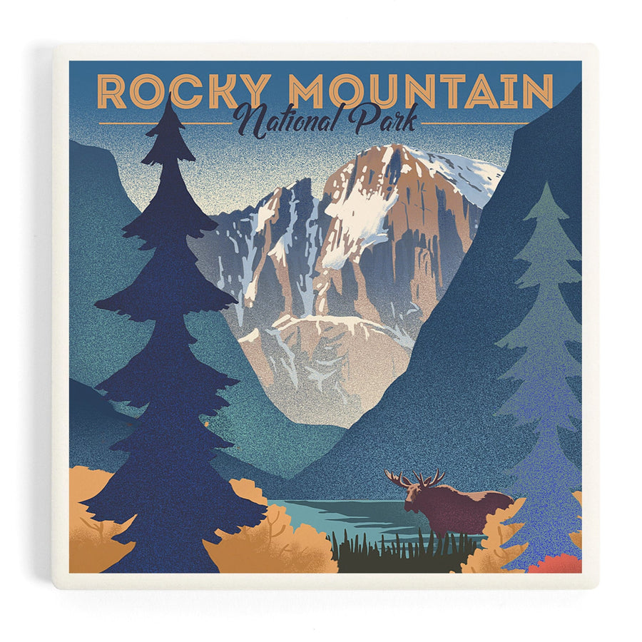 Rocky Mountain National Park, Colorado, Moose and Lake, Lithograph, Coasters Coasters Lantern Press 