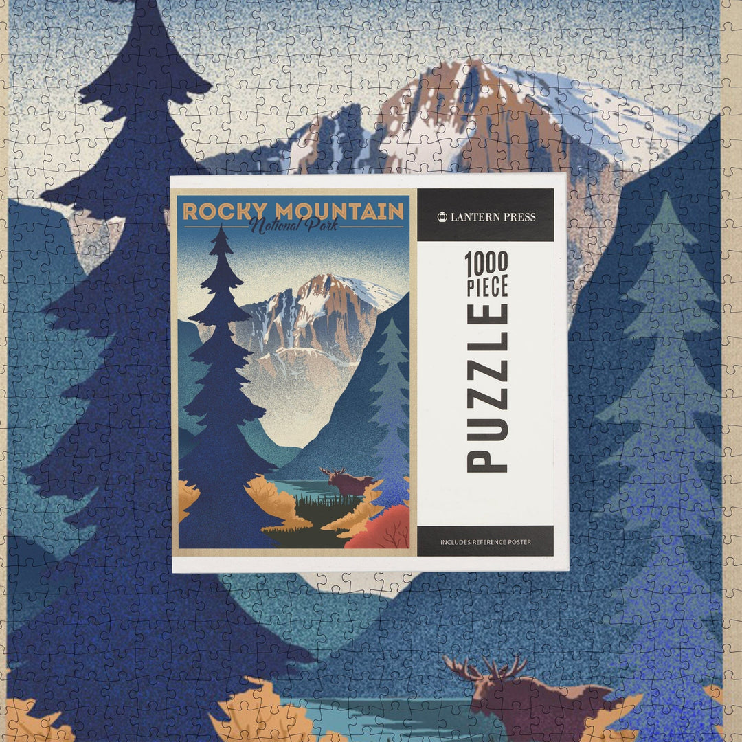 Rocky Mountain National Park, Colorado, Moose and Lake, Lithograph, Jigsaw Puzzle Puzzle Lantern Press 