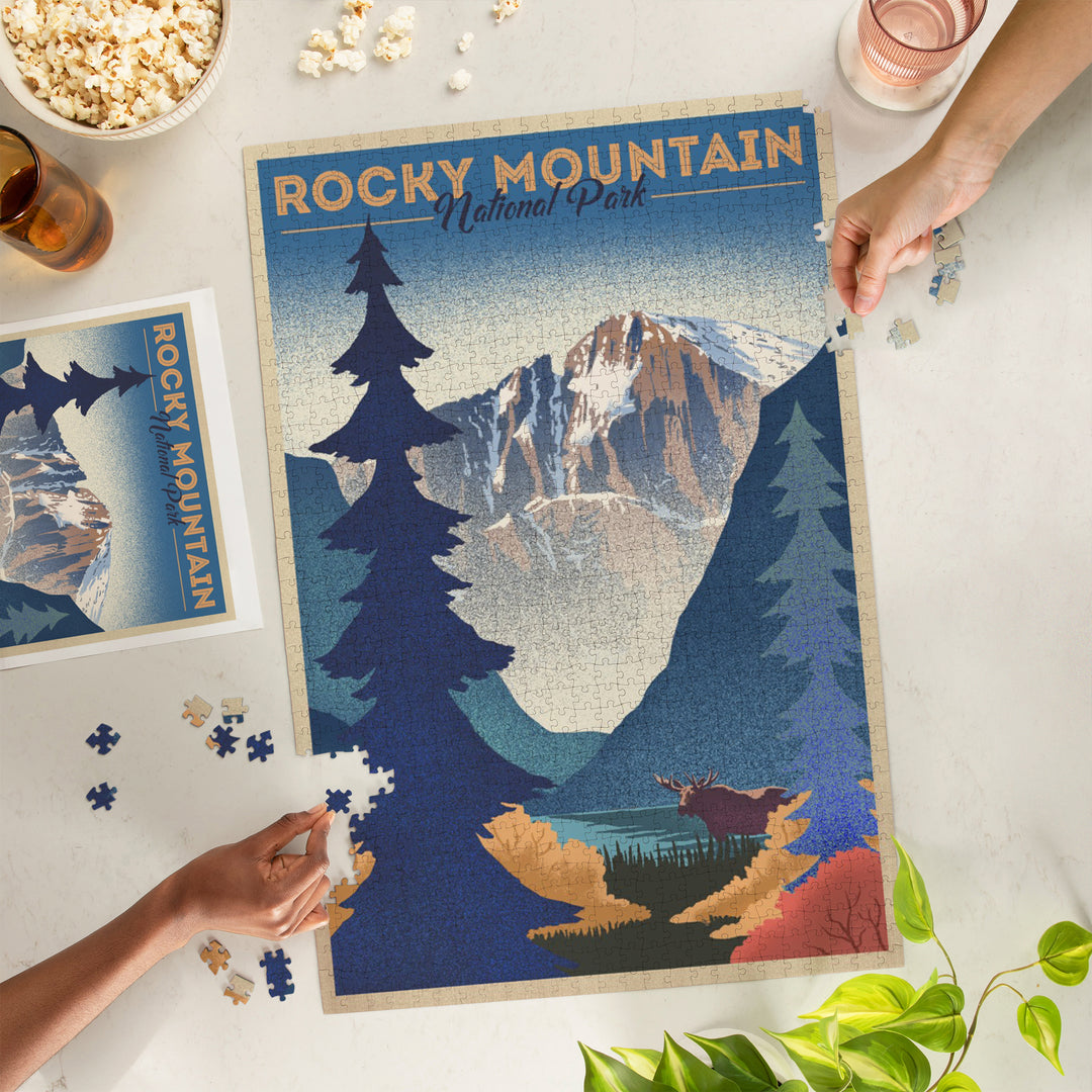 Rocky Mountain National Park, Colorado, Moose and Lake, Lithograph, Jigsaw Puzzle Puzzle Lantern Press 