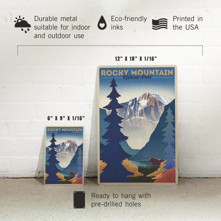 Rocky Mountain National Park, Colorado, Moose and Lake, Lithograph, Metal Signs Metal Lantern Press 