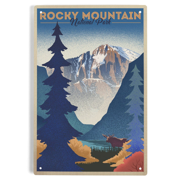 Rocky Mountain National Park, Colorado, Moose and Lake, Lithograph, Metal Signs Metal Lantern Press 