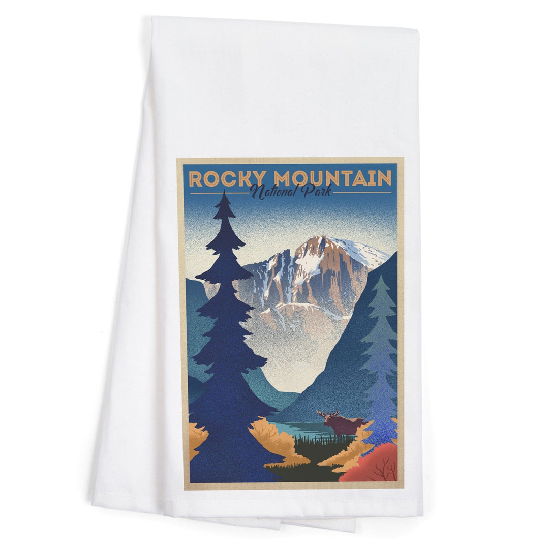 Rocky Mountain National Park, Colorado, Moose and Lake, Lithograph, Organic Cotton Kitchen Tea Towels Kitchen Lantern Press 