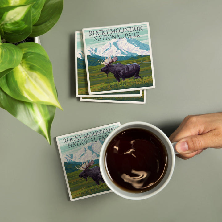 Rocky Mountain National Park, Colorado, Moose and Snowy Mountain, Coasters Coasters Lantern Press 