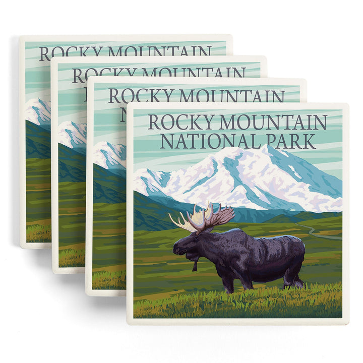 Rocky Mountain National Park, Colorado, Moose and Snowy Mountain, Coasters Coasters Lantern Press 