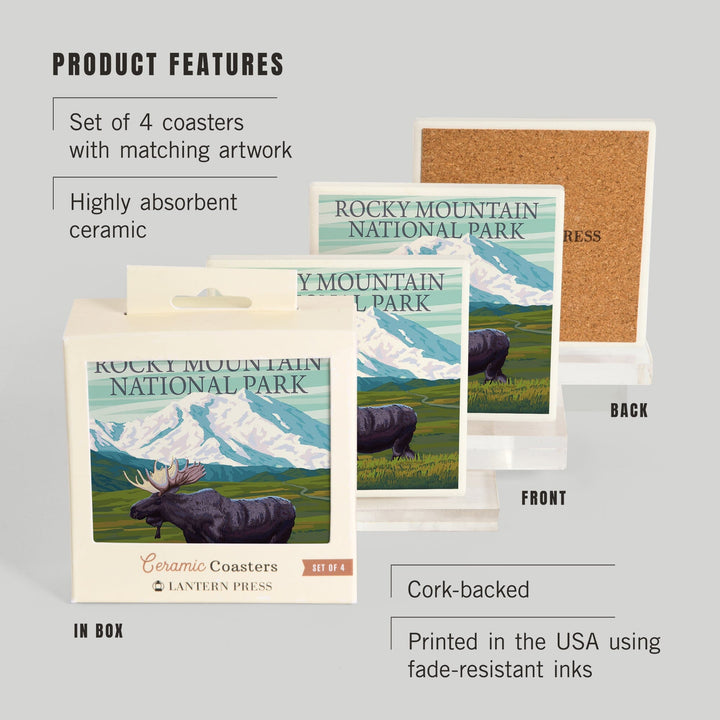 Rocky Mountain National Park, Colorado, Moose and Snowy Mountain, Coasters Coasters Lantern Press 