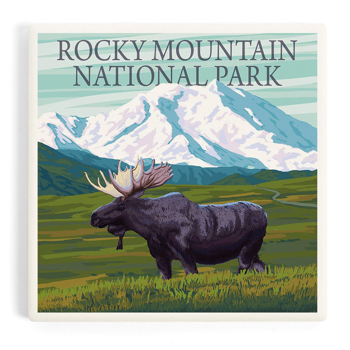 Rocky Mountain National Park, Colorado, Moose and Snowy Mountain, Coasters Coasters Lantern Press 