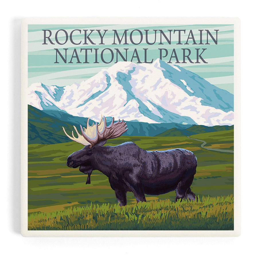 Rocky Mountain National Park, Colorado, Moose and Snowy Mountain, Coasters Coasters Lantern Press 