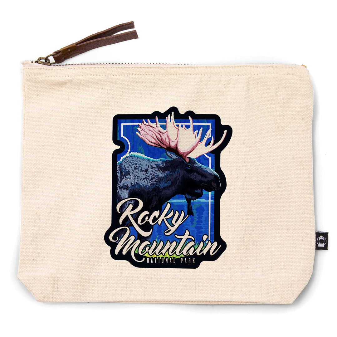 Rocky Mountain National Park, Colorado, Moose at Night,, Organic Cotton Zipper Pouch, Go Bag Go Bag Lantern Press 