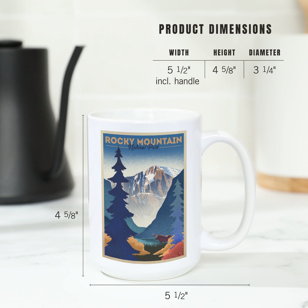 Rocky Mountain National Park, Colorado, Moose & Lake, Lithograph, Lantern Press Artwork, Ceramic Mug Mugs Lantern Press 