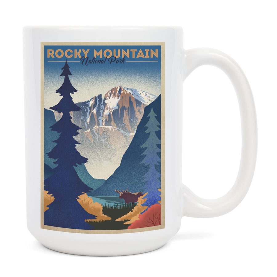 Rocky Mountain National Park, Colorado, Moose & Lake, Lithograph, Lantern Press Artwork, Ceramic Mug Mugs Lantern Press 