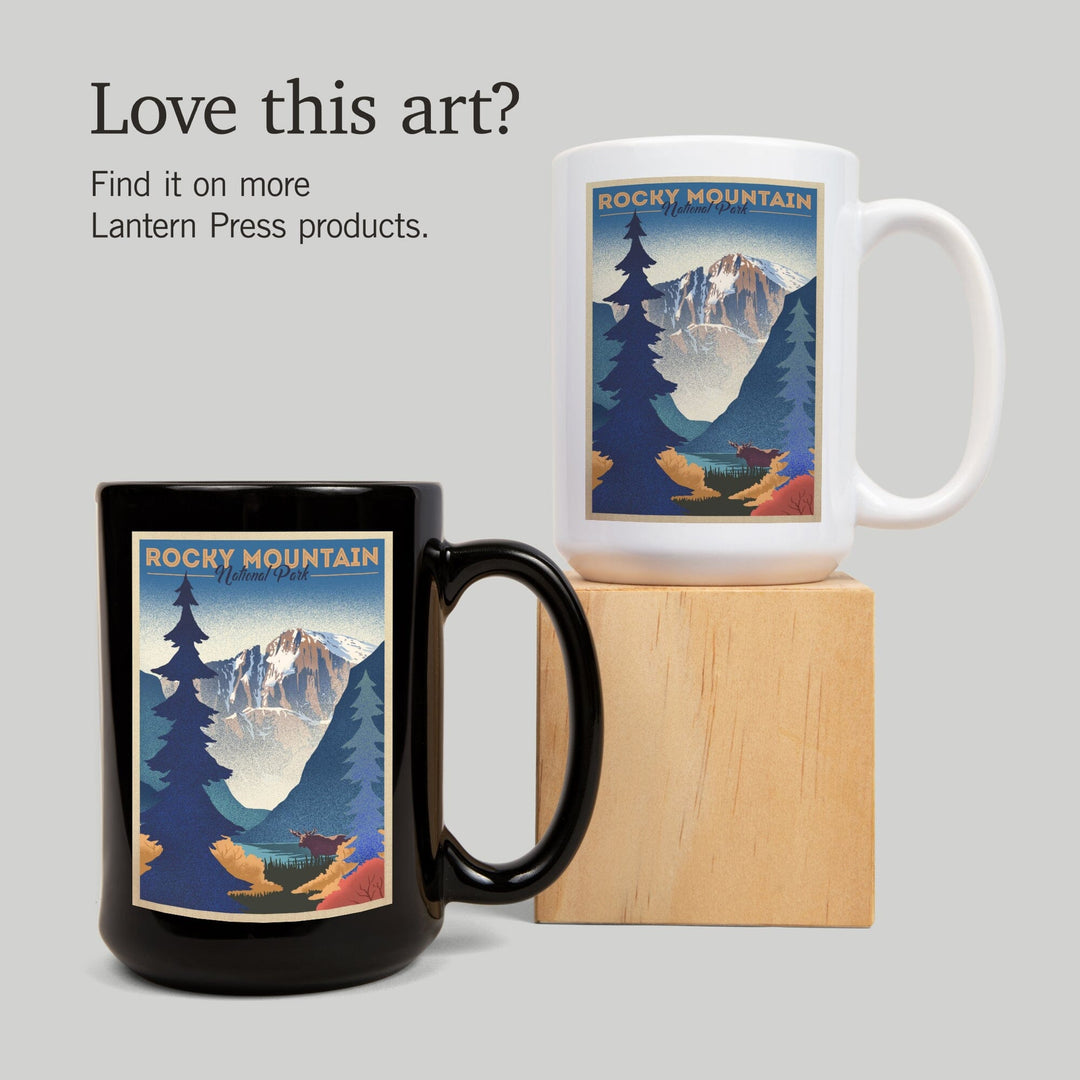 Rocky Mountain National Park, Colorado, Moose & Lake, Lithograph, Lantern Press Artwork, Ceramic Mug Mugs Lantern Press 