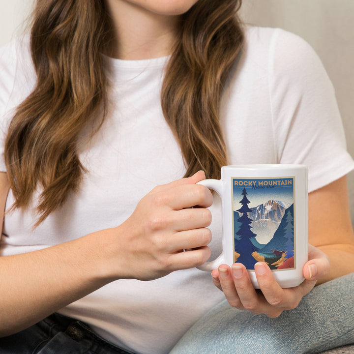 Rocky Mountain National Park, Colorado, Moose & Lake, Lithograph, Lantern Press Artwork, Ceramic Mug Mugs Lantern Press 