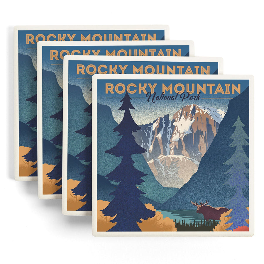 Rocky Mountain National Park, Colorado, Moose & Lake, Lithograph, Lantern Press Artwork, Coaster Set Coasters Lantern Press 