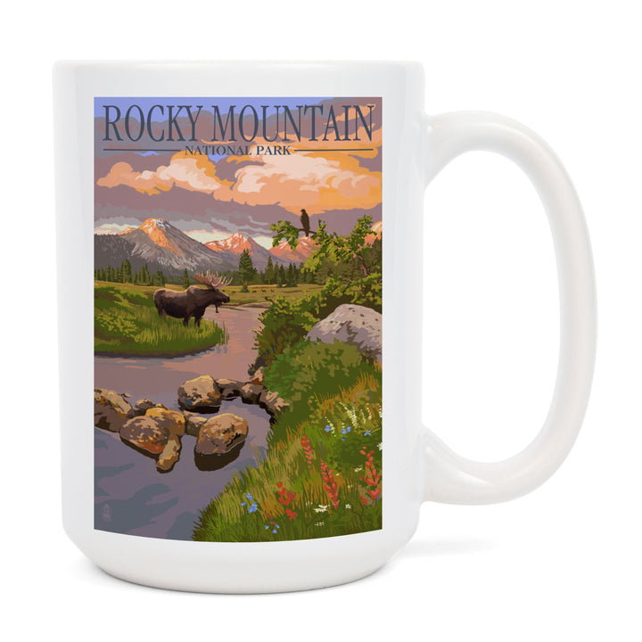 Rocky Mountain National Park, Colorado, Moose & Meadow, Lantern Press Artwork, Ceramic Mug Mugs Lantern Press 
