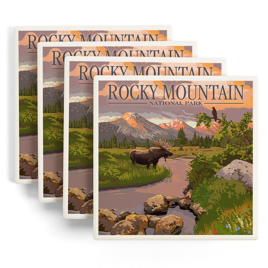 Rocky Mountain National Park, Colorado, Moose & Meadow, Lantern Press Artwork, Coaster Set Coasters Lantern Press 