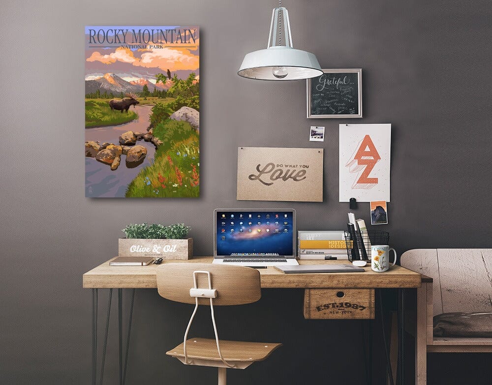 Rocky Mountain National Park, Colorado, Moose & Meadow, Lantern Press Artwork, Stretched Canvas Canvas Lantern Press 