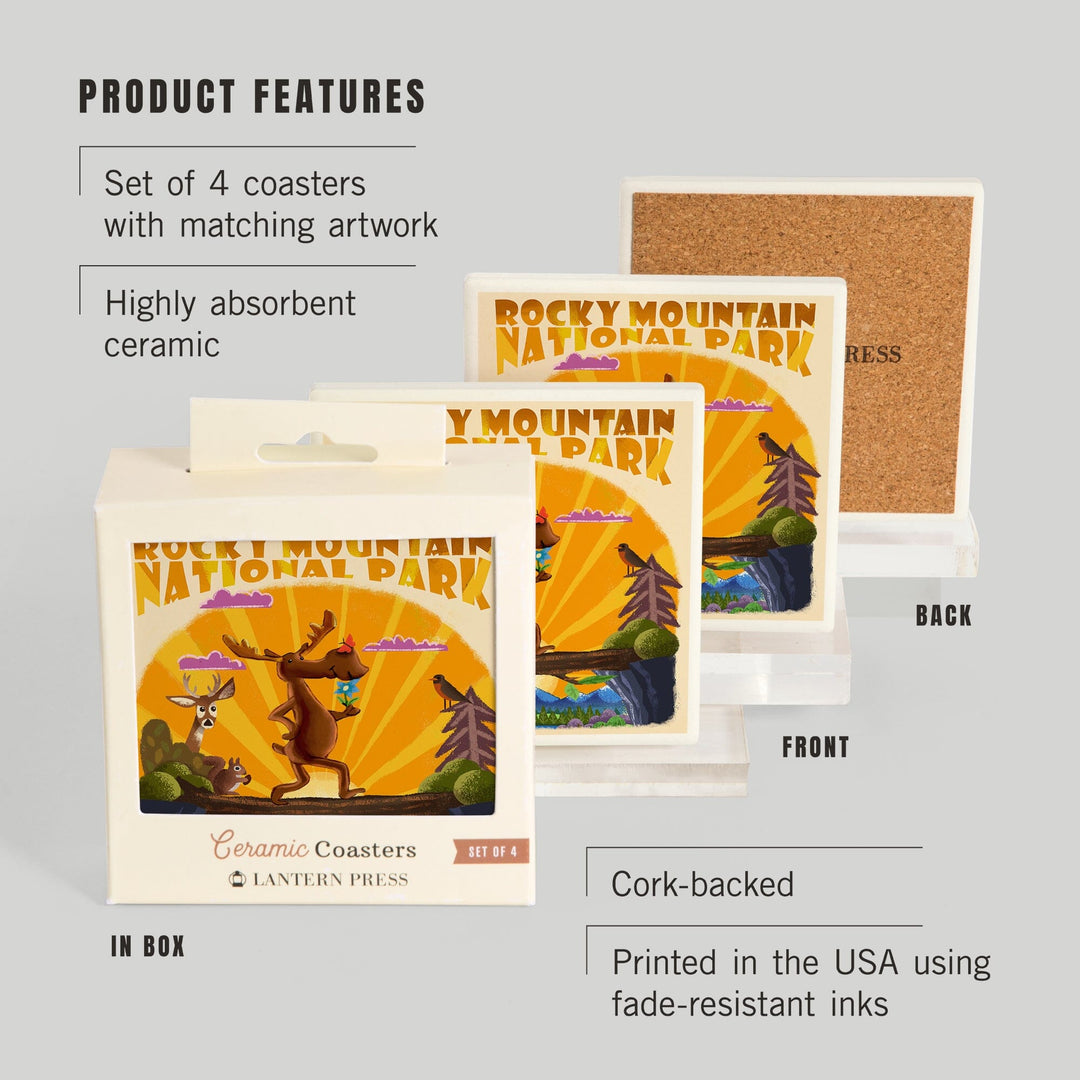 Rocky Mountain National Park, Colorado, Moose, Mid Century Inspired, Coasters Coasters Lantern Press 