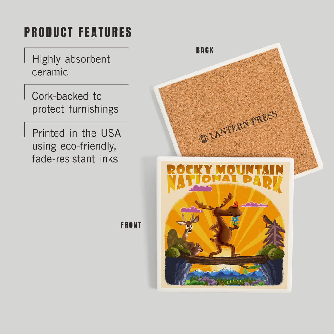 Rocky Mountain National Park, Colorado, Moose, Mid Century Inspired, Coasters Coasters Lantern Press 