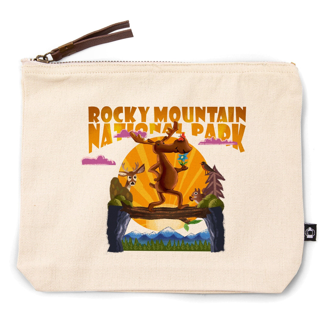Rocky Mountain National Park, Colorado, Moose, Mid Century Inspired, Press, Organic Cotton Zipper Pouch, Go Bag Go Bag Lantern Press 