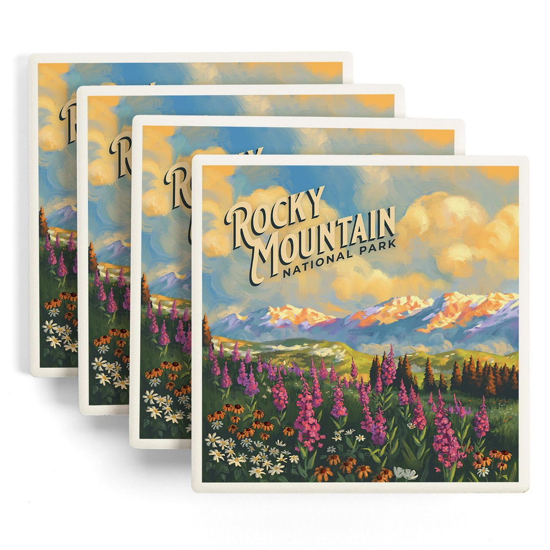 Rocky Mountain National Park, Colorado, Oil Painting National Park Series, Coasters Coasters Lantern Press 