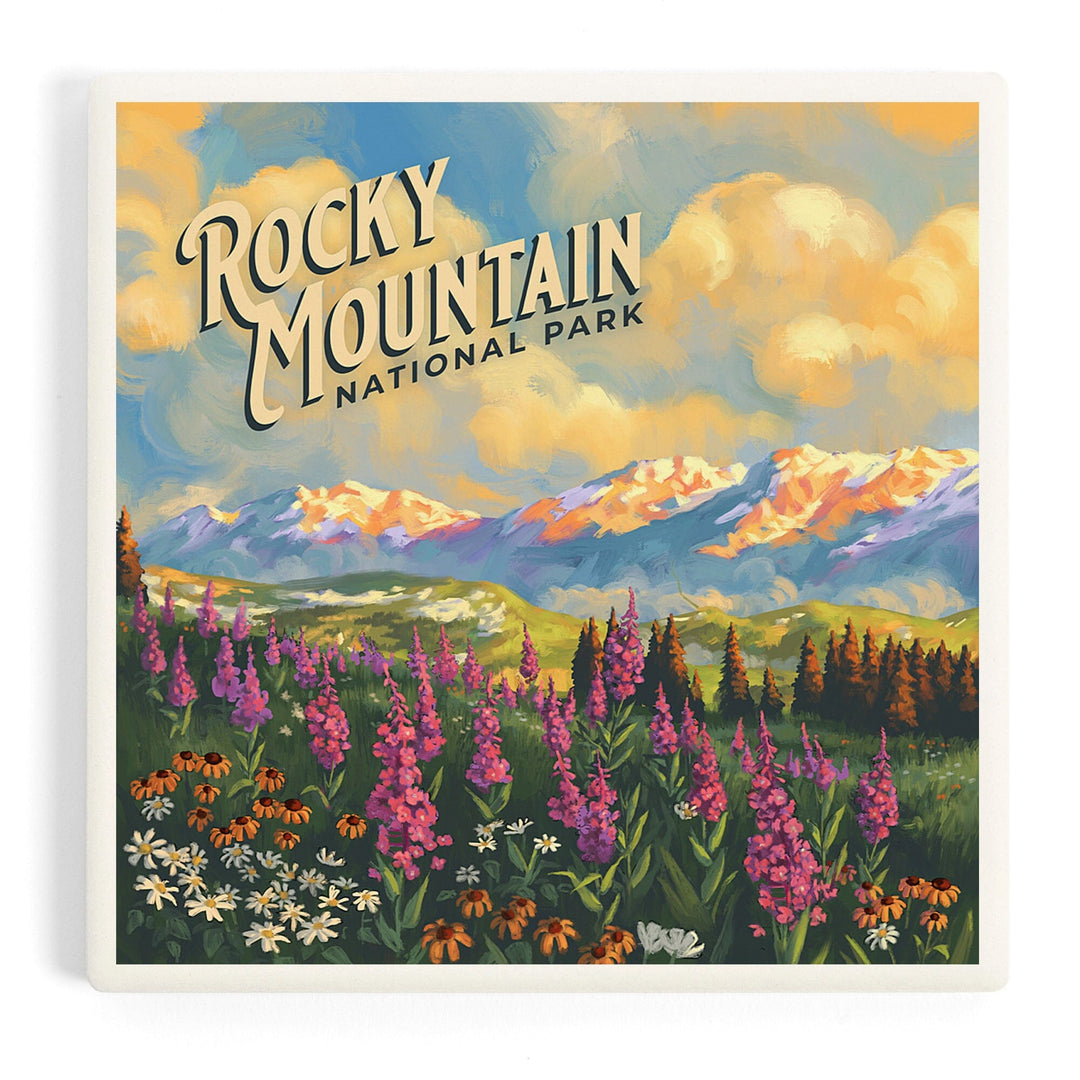 Rocky Mountain National Park, Colorado, Oil Painting National Park Series, Coasters Coasters Lantern Press 