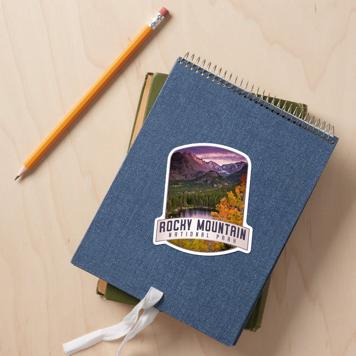 Rocky Mountain National Park, Colorado, Purple Sunset & Lake, Alt Contour, Lantern Press Photography, Vinyl Sticker Sticker Lantern Press 