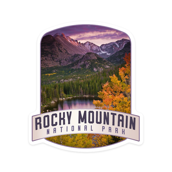 Rocky Mountain National Park, Colorado, Purple Sunset & Lake, Alt Contour, Lantern Press Photography, Vinyl Sticker Sticker Lantern Press 