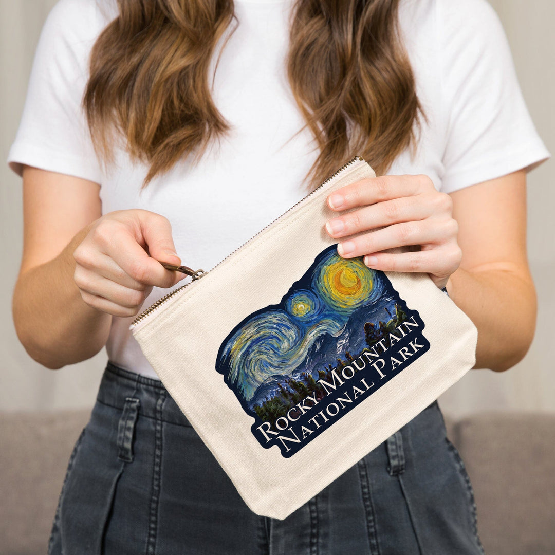 Rocky Mountain National Park, Colorado, Starry Night National Park Series,, Organic Cotton Zipper Pouch, Go Bag Go Bag Lantern Press 
