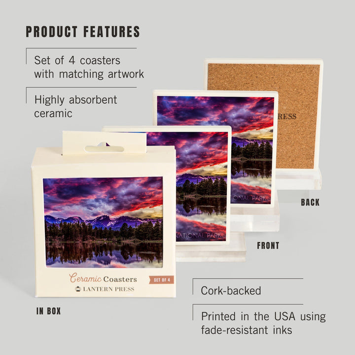 Rocky Mountain National Park, Colorado, Sunset and Sprague Lake, Coasters Coasters Lantern Press 