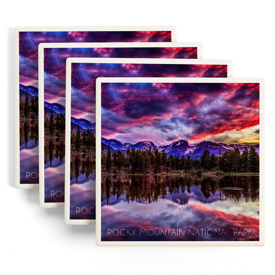 Rocky Mountain National Park, Colorado, Sunset & Sprague Lake, Lantern Press Photography, Coaster Set Coasters Lantern Press 