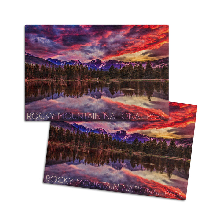 Rocky Mountain National Park, Colorado, Sunset & Sprague Lake, Lantern Press Photography, Wood Signs and Postcards Wood Lantern Press 4x6 Wood Postcard Set 