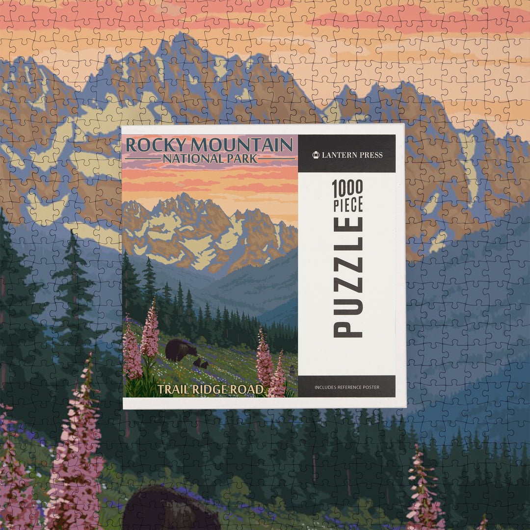 Rocky Mountain National Park, Colorado, Trail Ridge Road, Bear and Spring Flowers, Jigsaw Puzzle Puzzle Lantern Press 