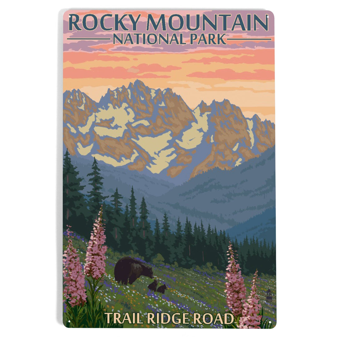 Rocky Mountain National Park, Colorado, Trail Ridge Road, Bear and Spring Flowers, Metal Signs Metal Lantern Press 