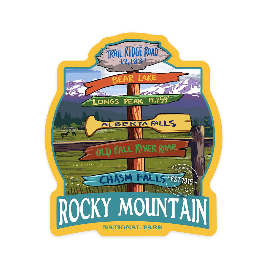 Rocky Mountain National Park, Colorado, Trail Ridge Road, Destination Signpost, Contour, Vinyl Sticker Sticker Lantern Press 