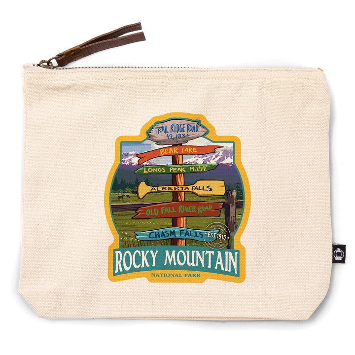 Rocky Mountain National Park, Colorado, Trail Ridge Road, Destination Signpost,, Organic Cotton Zipper Pouch, Go Bag Go Bag Lantern Press 