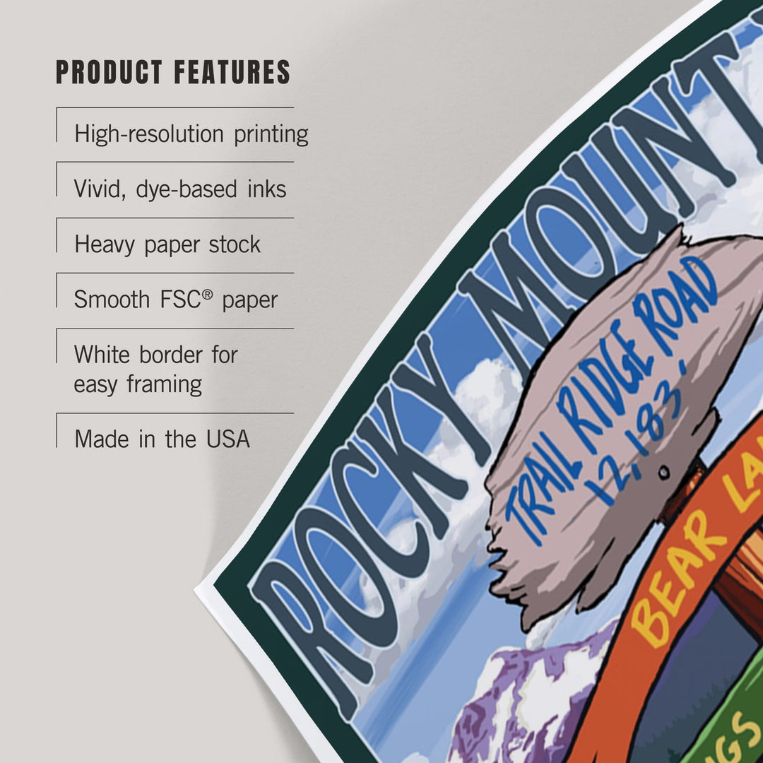 Rocky Mountain National Park, Colorado, Trail Ridge Road, Destination Signpost Press, Art & Giclee Prints Art Lantern Press 