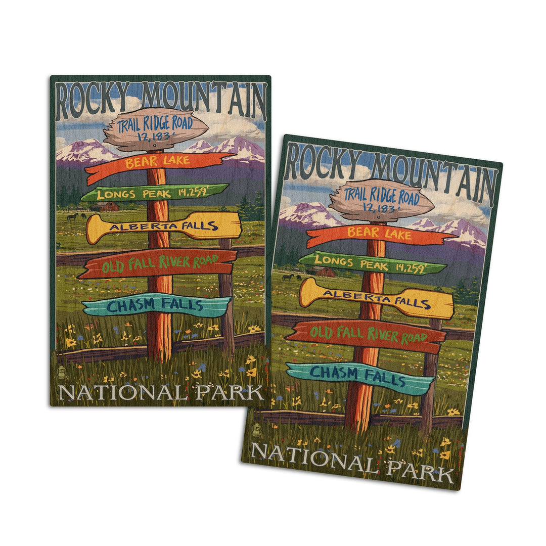 Rocky Mountain National Park, Colorado, Trail Ridge Road, Destinations Sign, Lantern Press, Wood Signs and Postcards Wood Lantern Press 4x6 Wood Postcard Set 