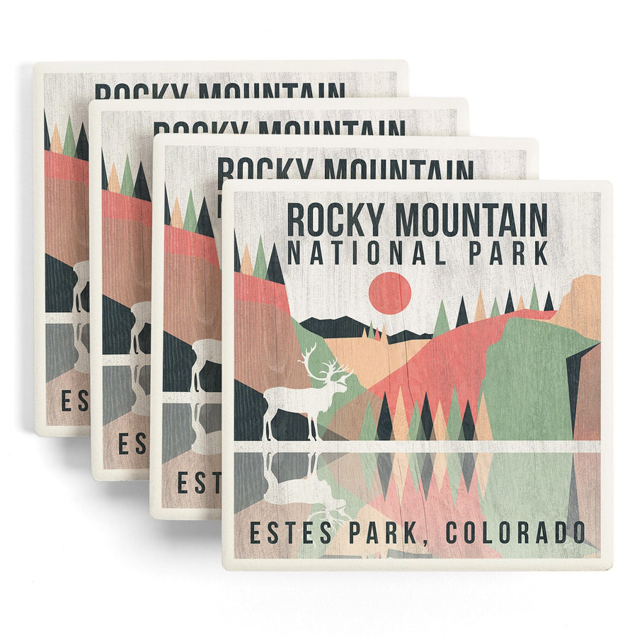 Rocky Mountain National park, Estes park, Colorado, Elk, Geometric Opacity, Lantern Press, Coaster Set Coasters Lantern Press 