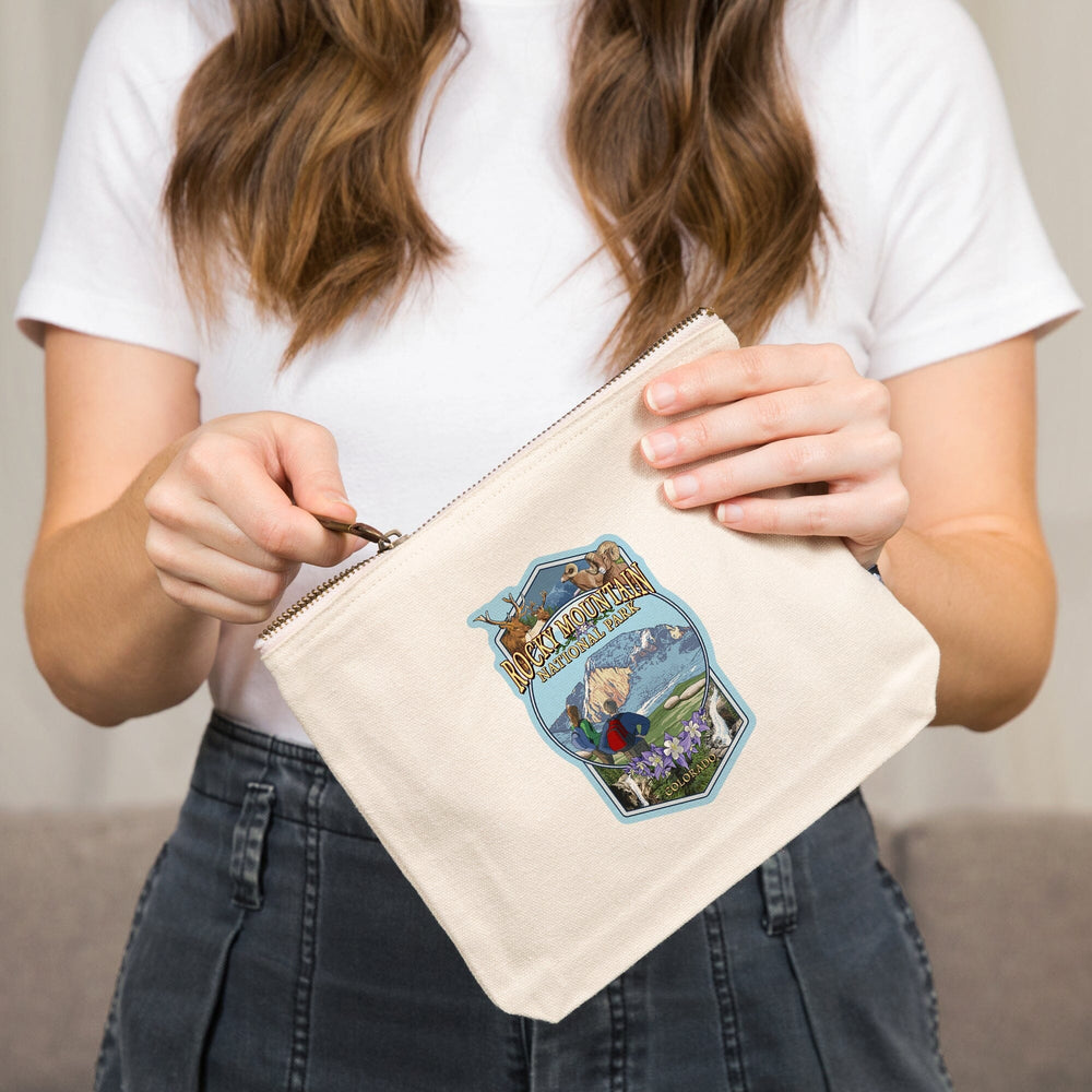 Rocky Mountain National Park, Montage,, Organic Cotton Zipper Pouch, Go Bag Go Bag Lantern Press 