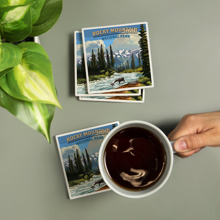 Rocky Mountain National Park, Moose and River Rapids, Coasters Coasters Lantern Press 